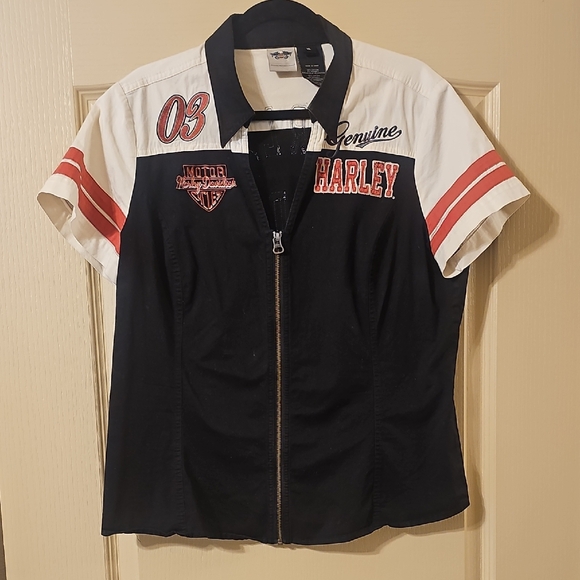 Harley-Davidson Tops - Harley-Davidson Black, White & Red Zip-Up Racing Shirt